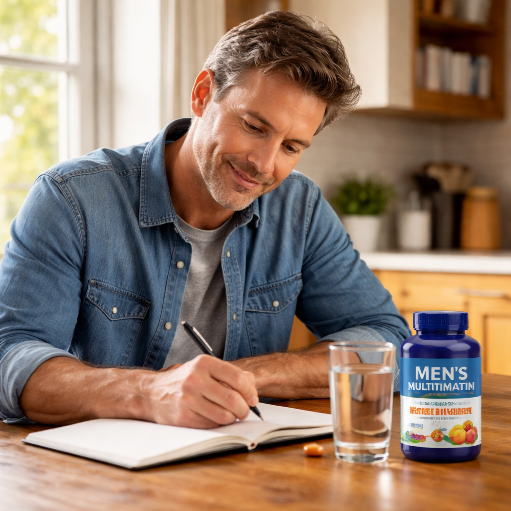 A photorealistic scene of a 45‑year‑old man sitting at a kitchen table, writing in a notebook while a bottle of multivitamin and a glass of water sit beside him, natural daylight streaming in. Alt: men’s multivitamin for 45 year old energy assessment