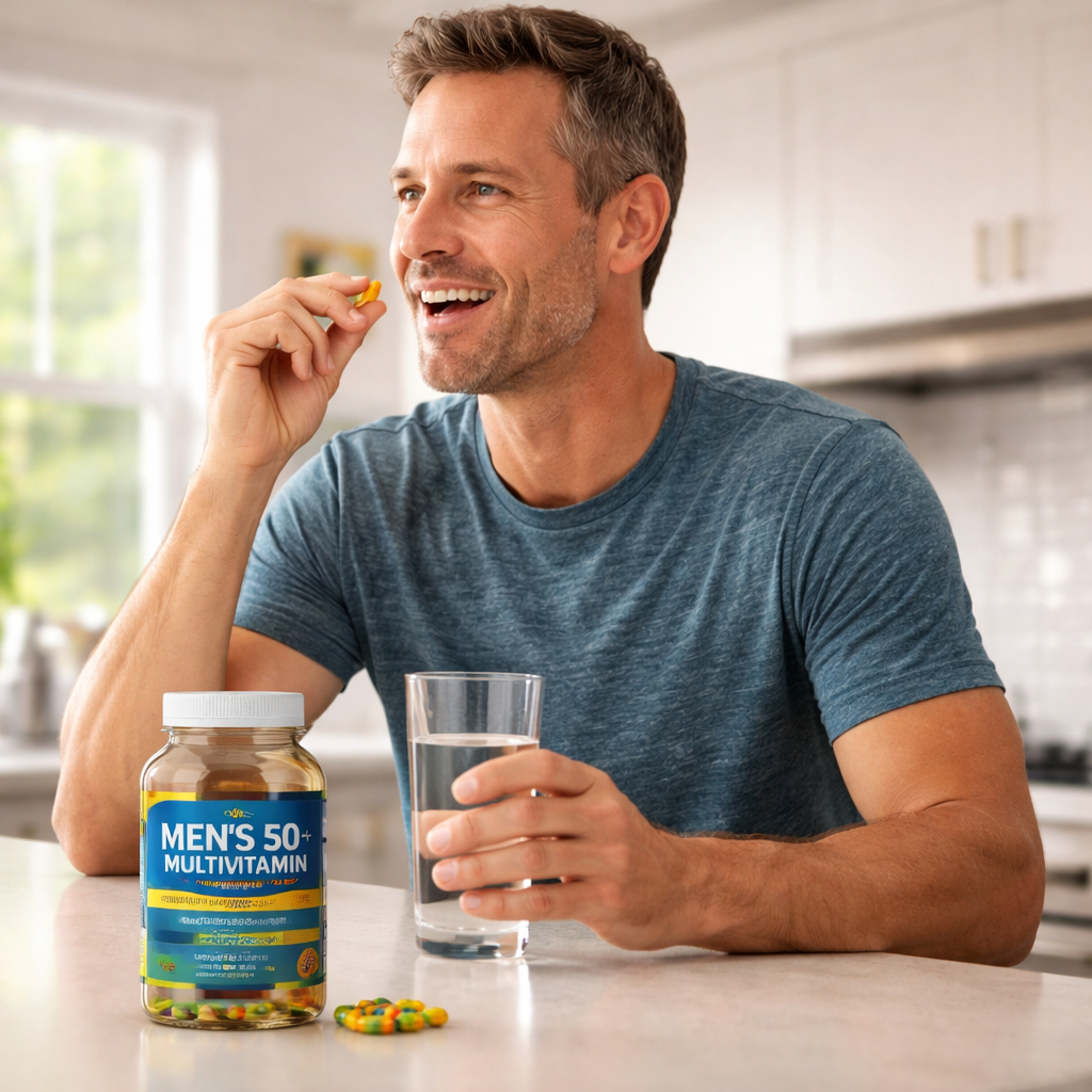 A photorealistic scene showing a 45‑year‑old man taking a daily multivitamin with a glass of water on a kitchen counter. Alt: men’s multivitamin for 45 year old energy timing dosage
