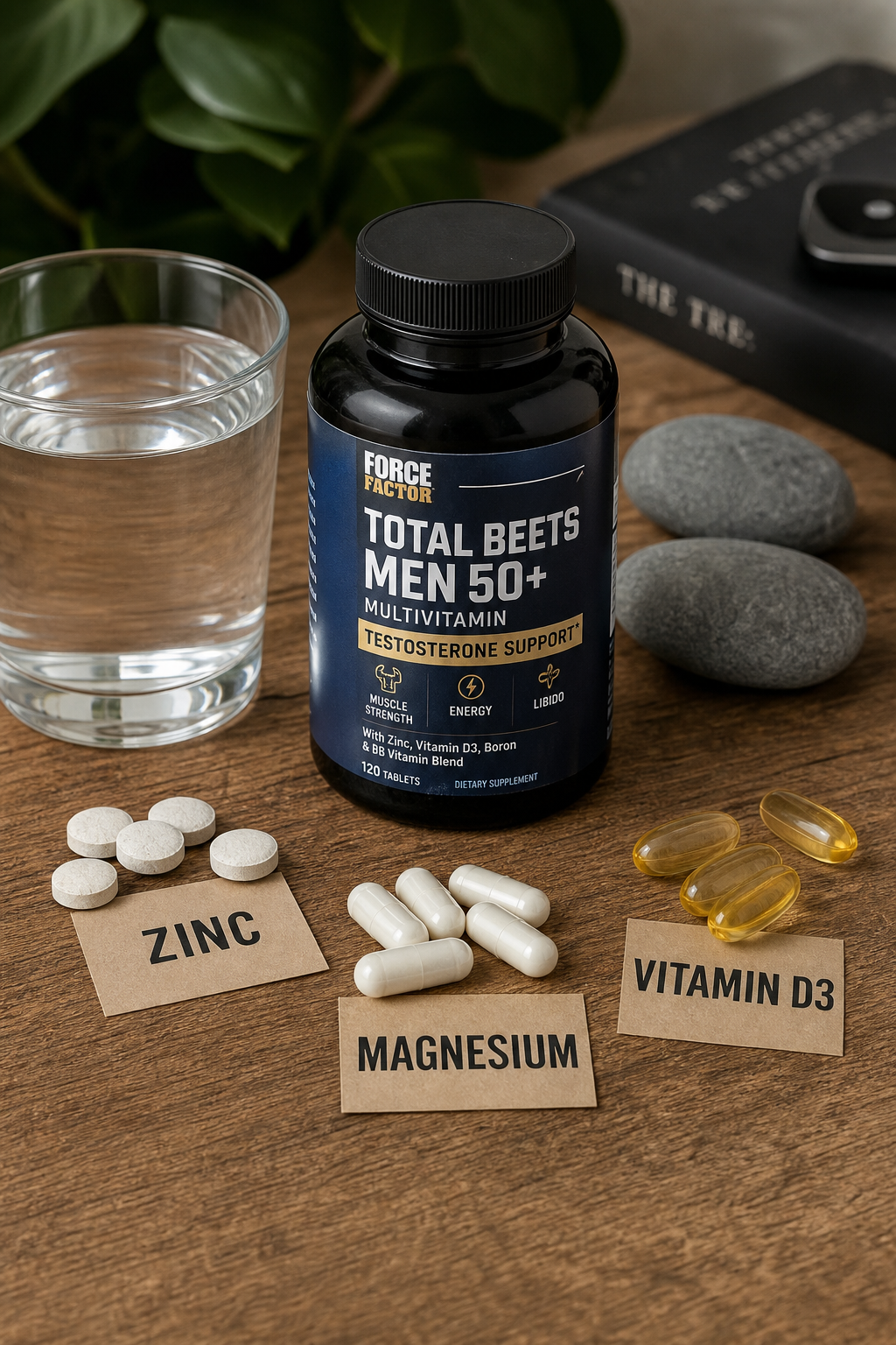 A photorealistic close-up of a wooden table with a multivitamin bottle, a glass of water, and natural ingredients like zinc tablets, magnesium capsules, and vitamin D softgels scattered around. Alt: multivitamin for men over 50 with testosterone support ingredients zinc magnesium vitamin D
