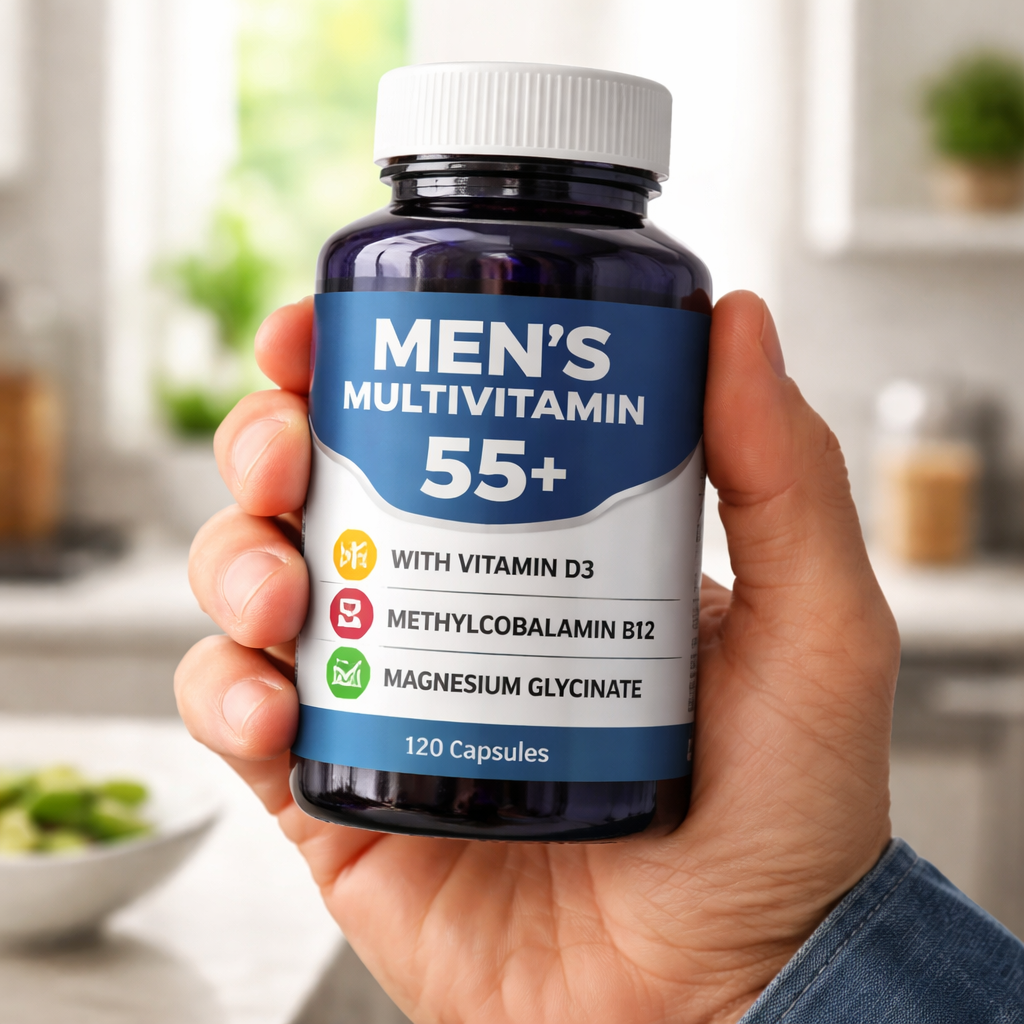 A photorealistic close‑up of a man’s hand holding a bottle of men's multivitamin, with the label clearly showing vitamin D3, methylcobalamin B12 and magnesium glycinate, bright kitchen background, realistic lighting. Alt: men’s multivitamin for 55 year old label details