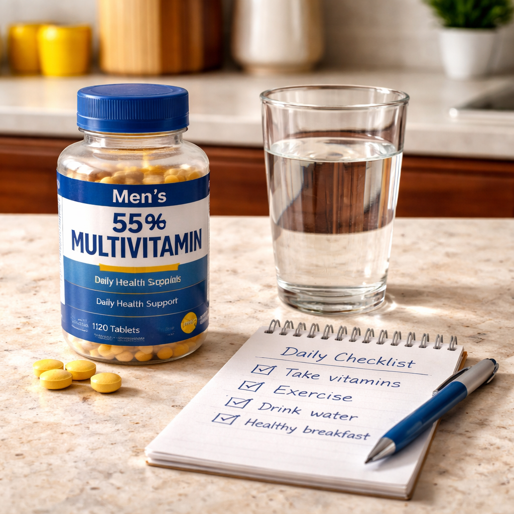 A photorealistic kitchen counter with a bottle of men’s multivitamin for a 55‑year‑old man, a glass of water, and a daily checklist on a notepad. Alt: Sample daily multivitamin routine for men over 55.