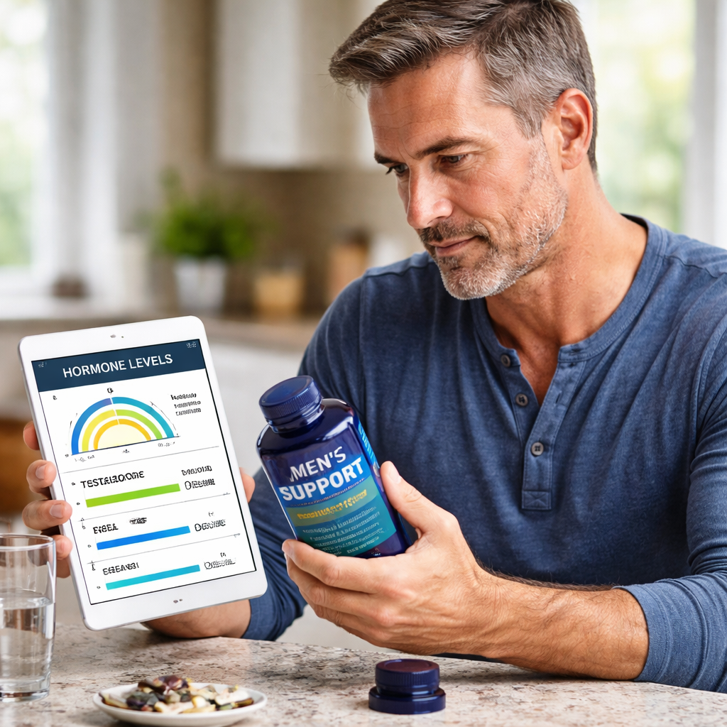 A photorealistic scene of a middle‑aged man reviewing a bottle of men’s multivitamin with a tablet displaying hormone levels. Alt: Men’s multivitamin for testosterone support illustration.