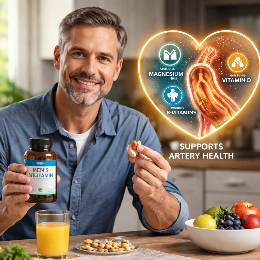 A photorealistic scene of a middle‑aged man at a kitchen table, holding a multivitamin bottle in one hand and a fish‑oil capsule in the other, with a heart‑shaped infographic overlay showing magnesium, vitamin D, and B‑vitamins supporting artery health. Alt: men’s multivitamin vs fish oil for heart health, realistic style.