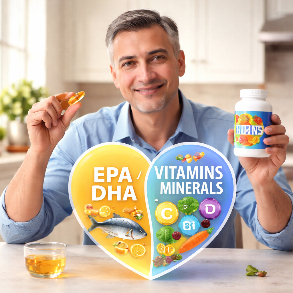 A photorealistic scene of a middle‑aged man at a kitchen table, holding a fish‑oil capsule in one hand and a multivitamin bottle in the other, with a heart‑shaped graphic overlay showing EPA/DHA and mineral icons. Alt: Fish oil vs multivitamin heart health illustration.