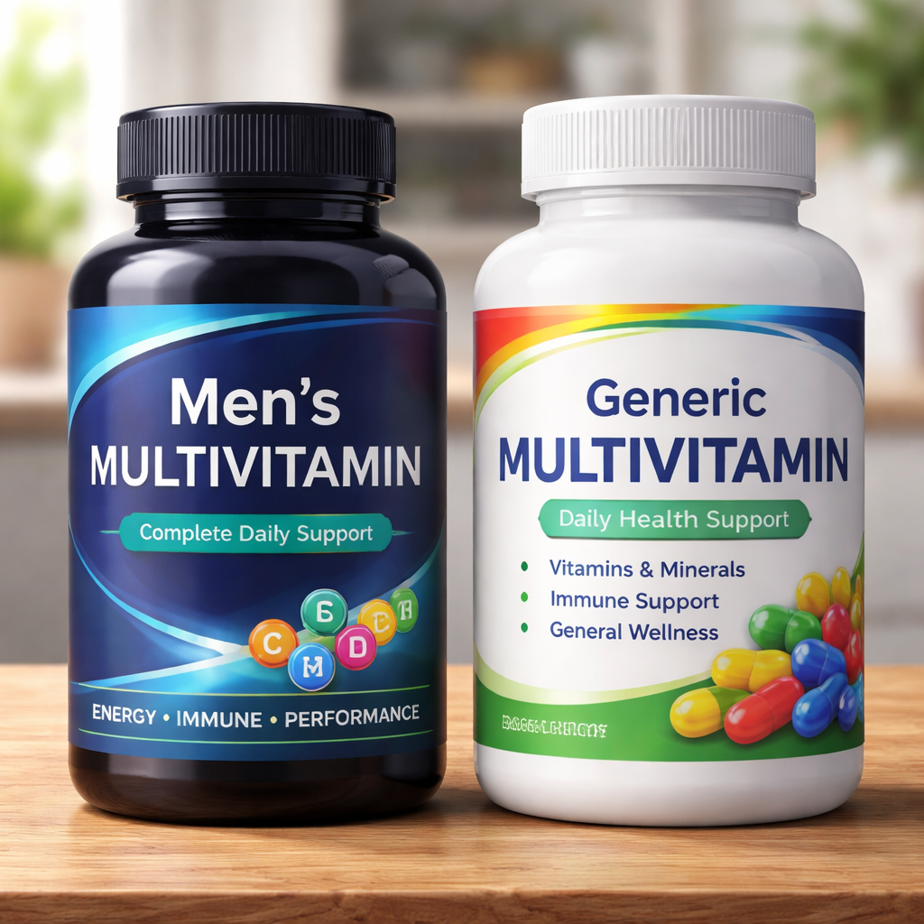 A photorealistic close-up of two supplement bottles side by side, one labeled