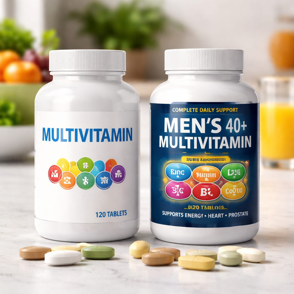 A photorealistic scene of a kitchen counter with two supplement bottles side by side, one plain generic multivitamin label and one detailed label highlighting targeted minerals for men over 40. Alt: Comparison of generic vs men's multivitamin ingredients.