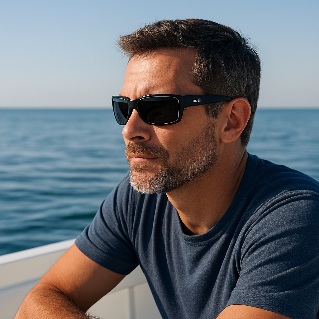 A man wearing Costa Del Mar Blackfin Polarized Prescription Sunglasses on a bright boat, looking out over calm sea water. Alt: Costa Del Mar Blackfin polarized prescription sunglasses for men – perfect water‑activity vision.