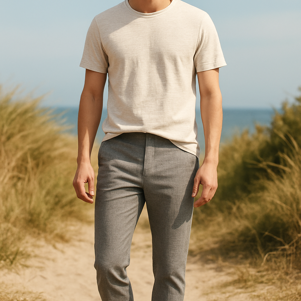A young man standing in a breezy summer setting wearing slim‑fit casual pants made from a breathable fabric, showcasing the silhouette and fabric texture. Alt: Man wearing breathable slim fit pants in a relaxed outdoor setting.