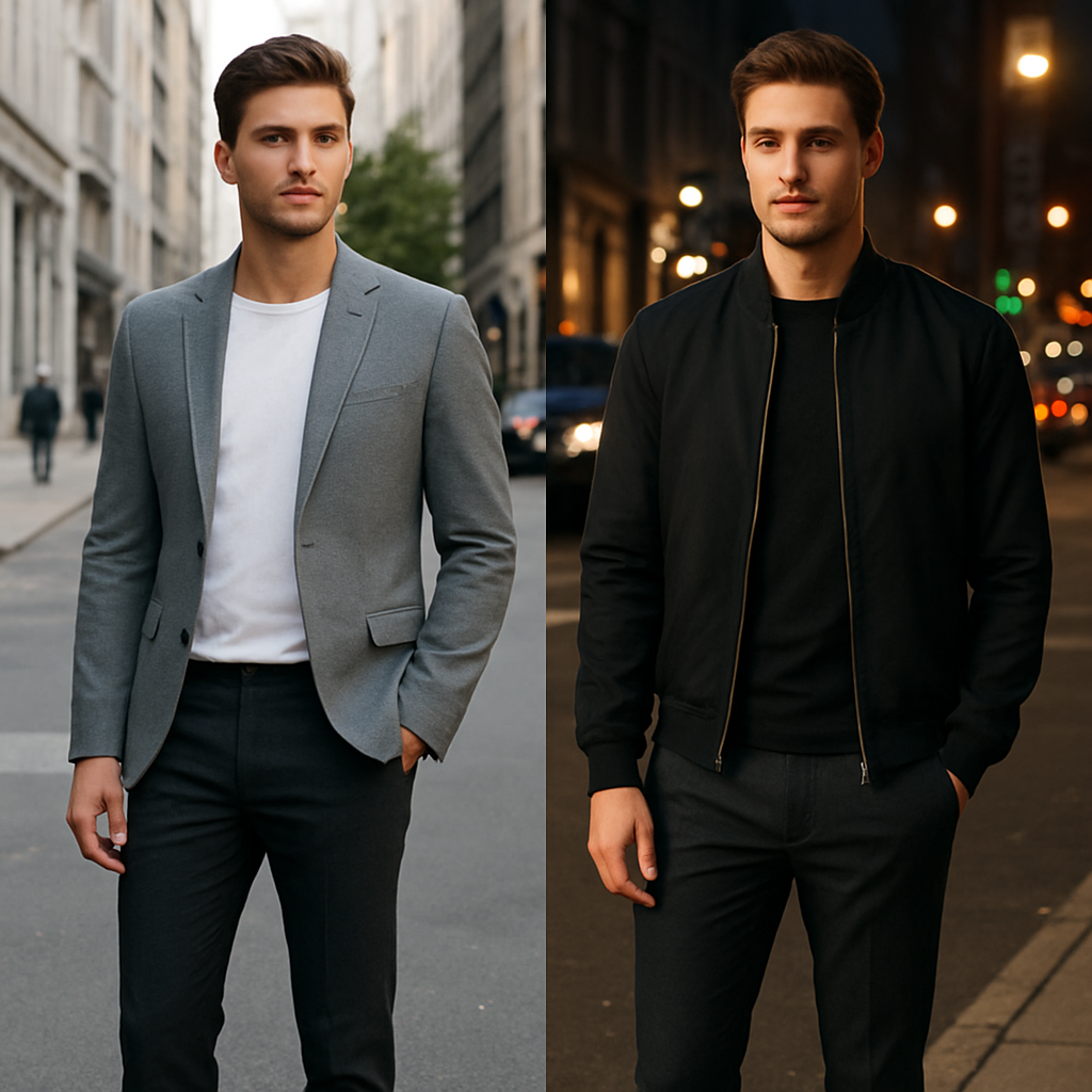 A stylish young man in slim‑fit casual pants standing in front of a city street, wearing a blazer during the day and a bomber jacket at night. Alt: Man in slim‑fit pants transitioning from work to weekend attire.