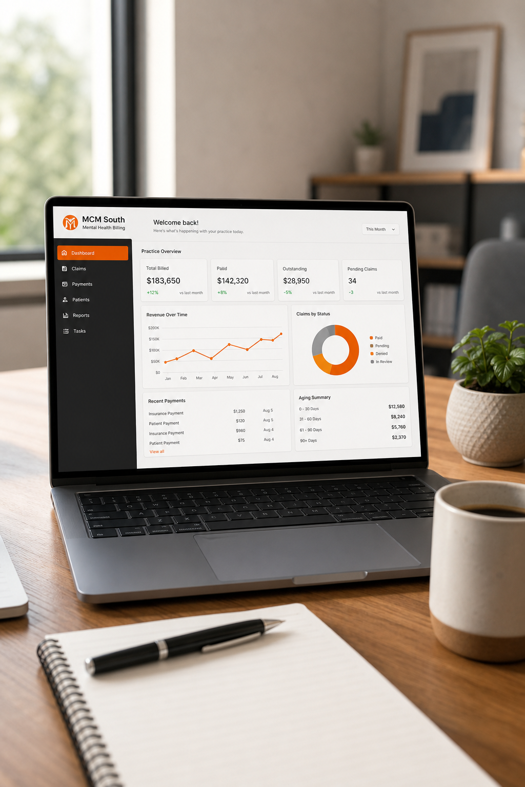 A clean, professional office desk with a laptop showing a billing dashboard, a cup of coffee, and a notepad. Alt: MCM South mental health billing dashboard for private practice revenue cycle management.
