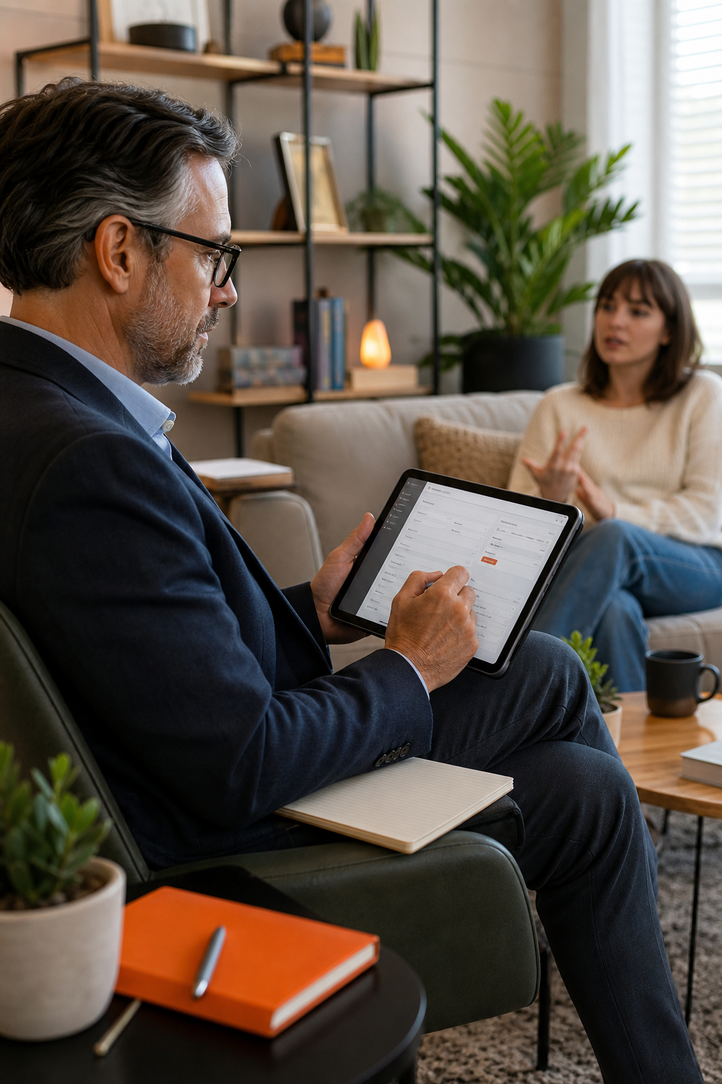 A physician using a tablet in a therapy office with a patient on a couch in the background. Alt: Integrated mental health EHR and billing platform in a private practice setting.