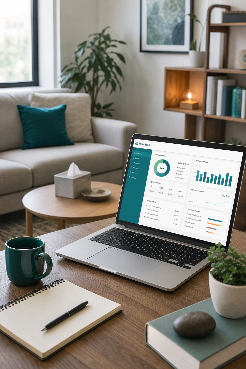 A serene therapy office with a comfortable couch and a desk with a laptop, suggesting a solo practitioner's private practice. Alt: Solo therapy office with billing software on laptop.