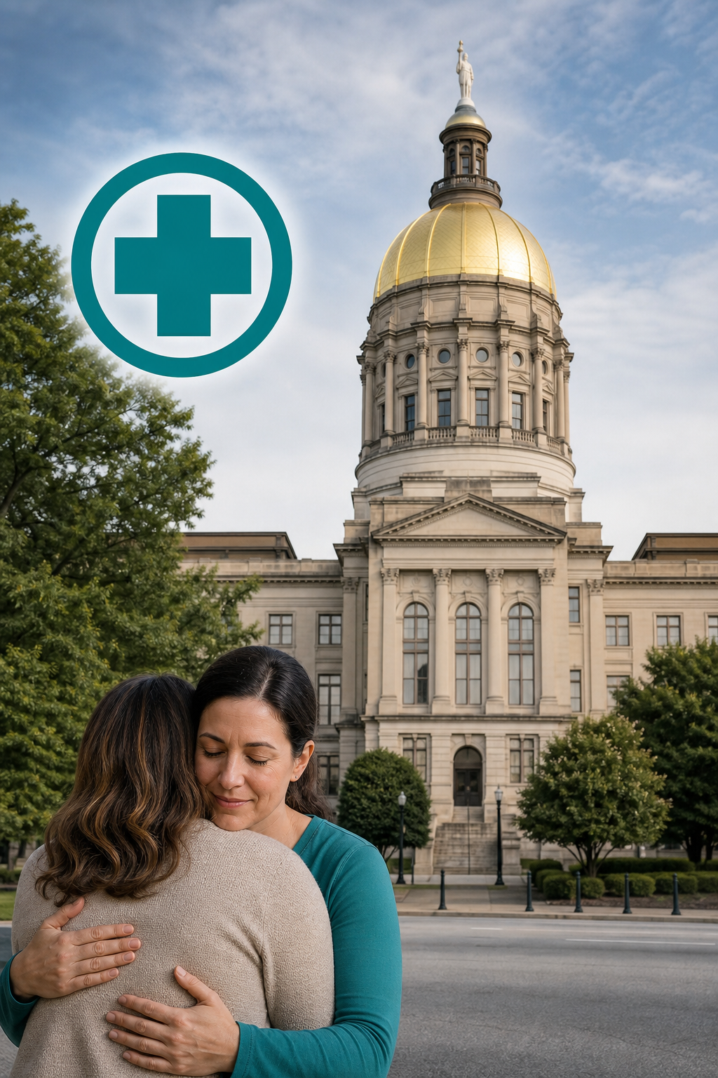 A Georgia state capitol building with a medical cross icon overlaid, representing state Medicaid services for mental health. Alt: Georgia Medicaid mental health services illustration.