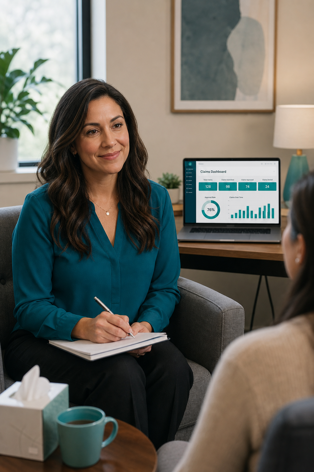 A calm therapist sitting in a well-lit office, smiling at a client, with a laptop showing a claims dashboard in the background. Alt: Mental health billing services help therapists focus on patients.