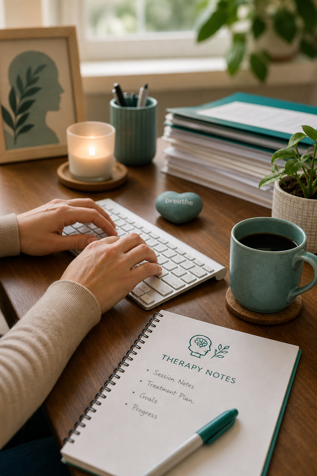 A close-up of hands typing on a keyboard with a therapy notepad and coffee cup nearby. Alt: Overcoming billing challenges with professional mental health billing services.