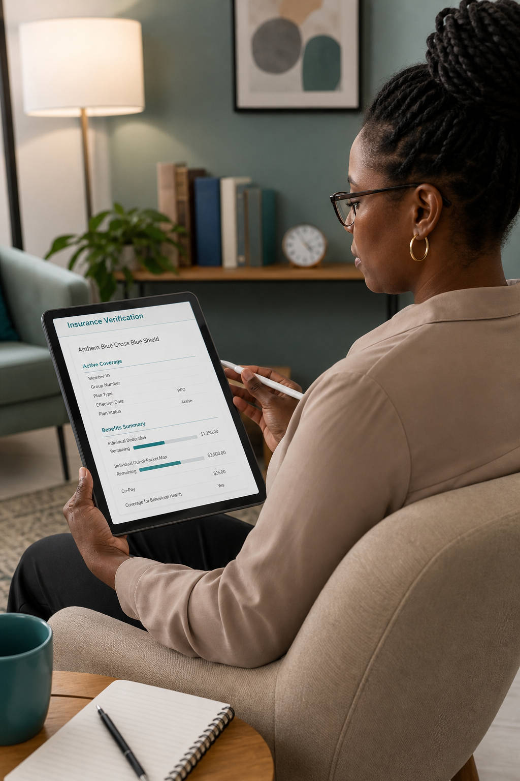 A warm, realistic photo of a therapist sitting in a cozy office, reviewing a tablet with insurance verification software visible. Alt: Therapist verifying Anthem insurance benefits for a patient.