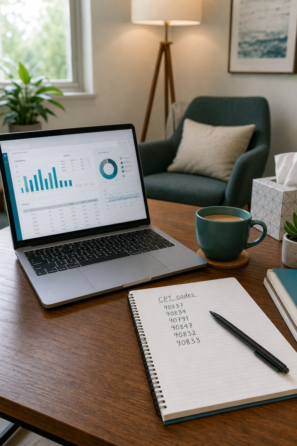 A realistic photo of a therapist's desk with a laptop showing a billing dashboard, a cup of coffee, and a notepad with CPT codes written. Alt: Simplifying Anthem billing for a private practice.