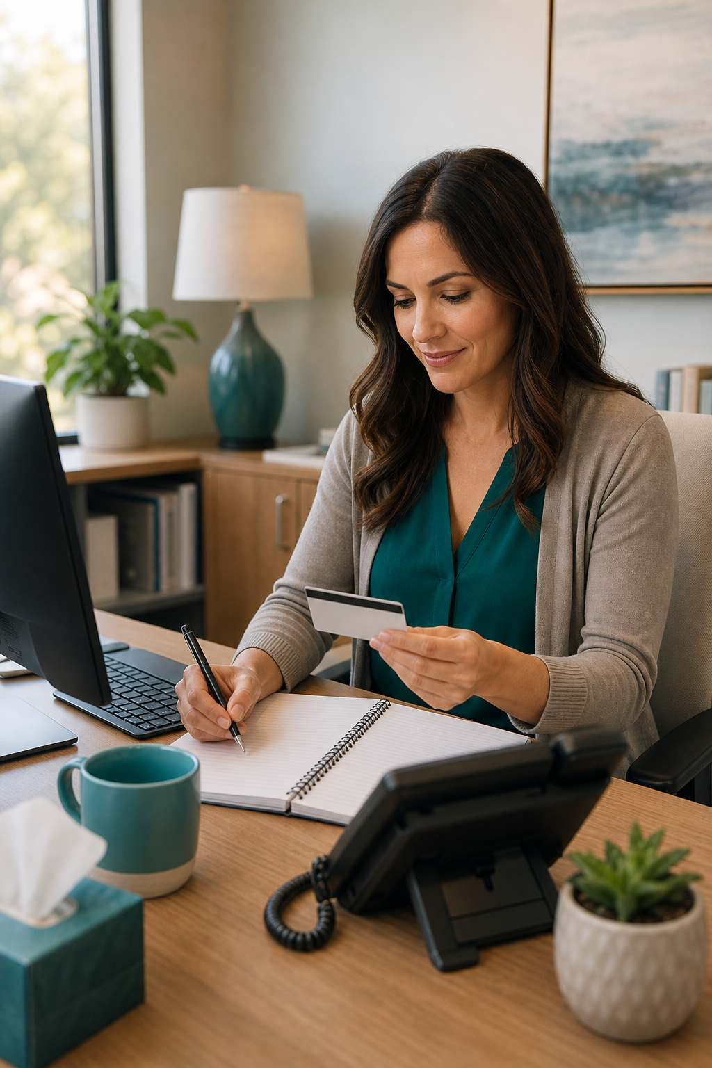 A therapist sitting at a desk with a phone and computer, reviewing a patient's insurance card and making notes. The scene is warm and professional, with soft natural light. Alt: Therapist verifying insurance benefits for mental health billing.