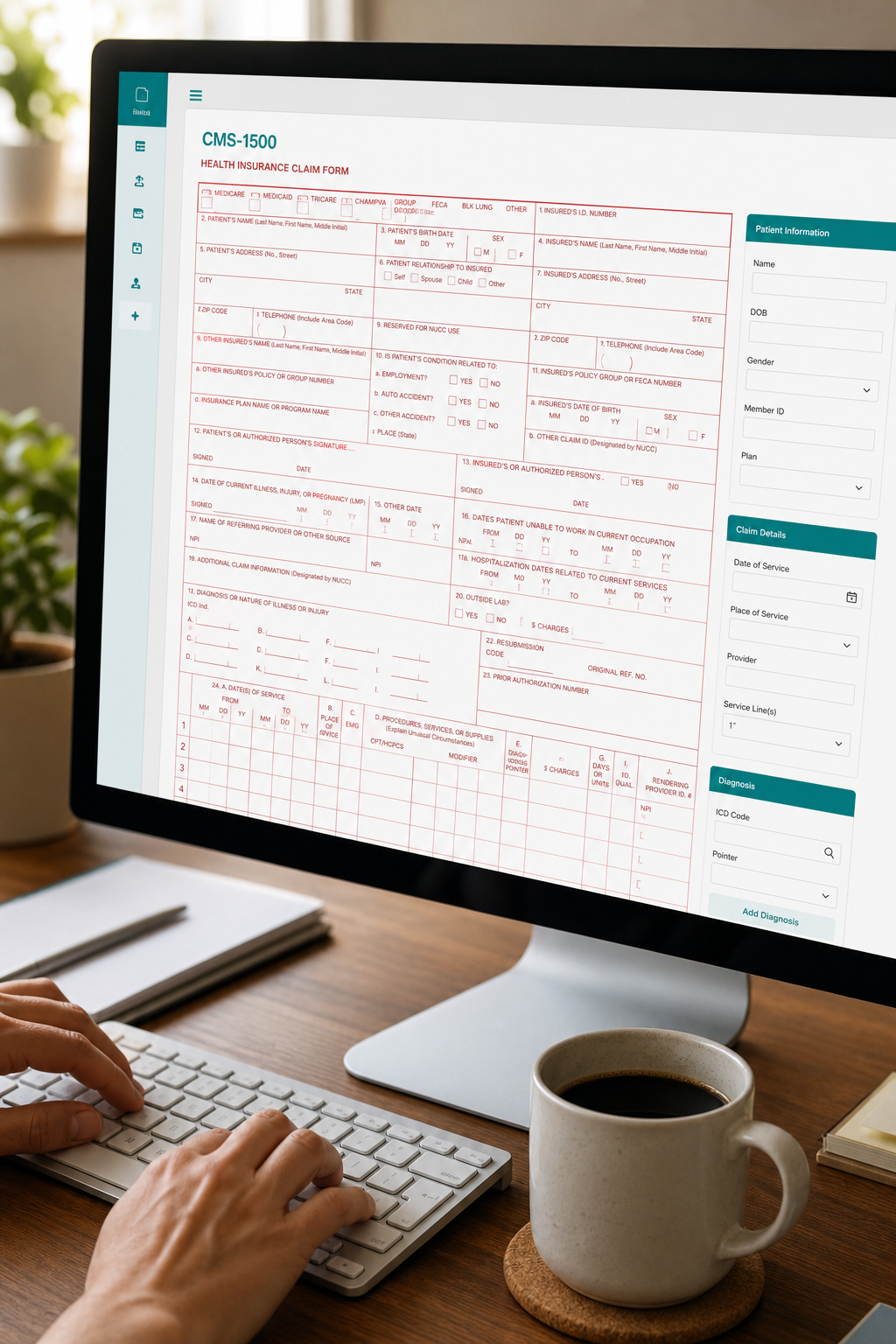 A close-up of a computer screen showing a CMS-1500 claim form being completed in a billing software, with a coffee cup nearby. The atmosphere is productive but calm. Alt: Claim submission process for mental health billing with Anthem.