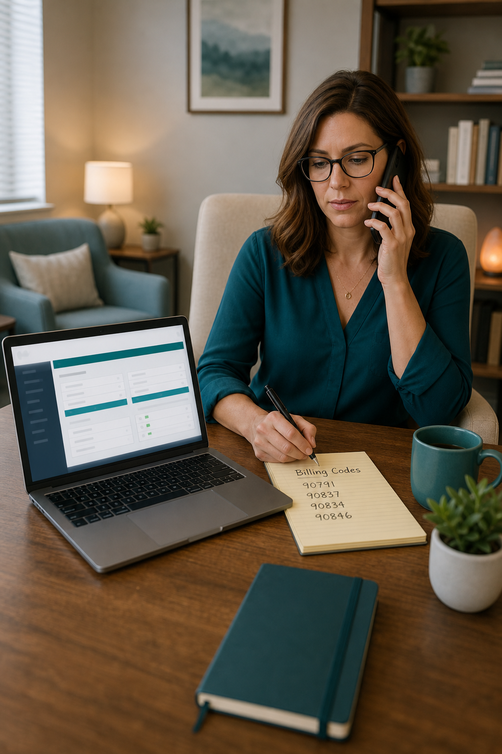 A calm therapy office with a laptop open to an insurance verification portal, a therapist on the phone, and a notepad with billing codes. Alt: mental health billing verification for Anthem providers.