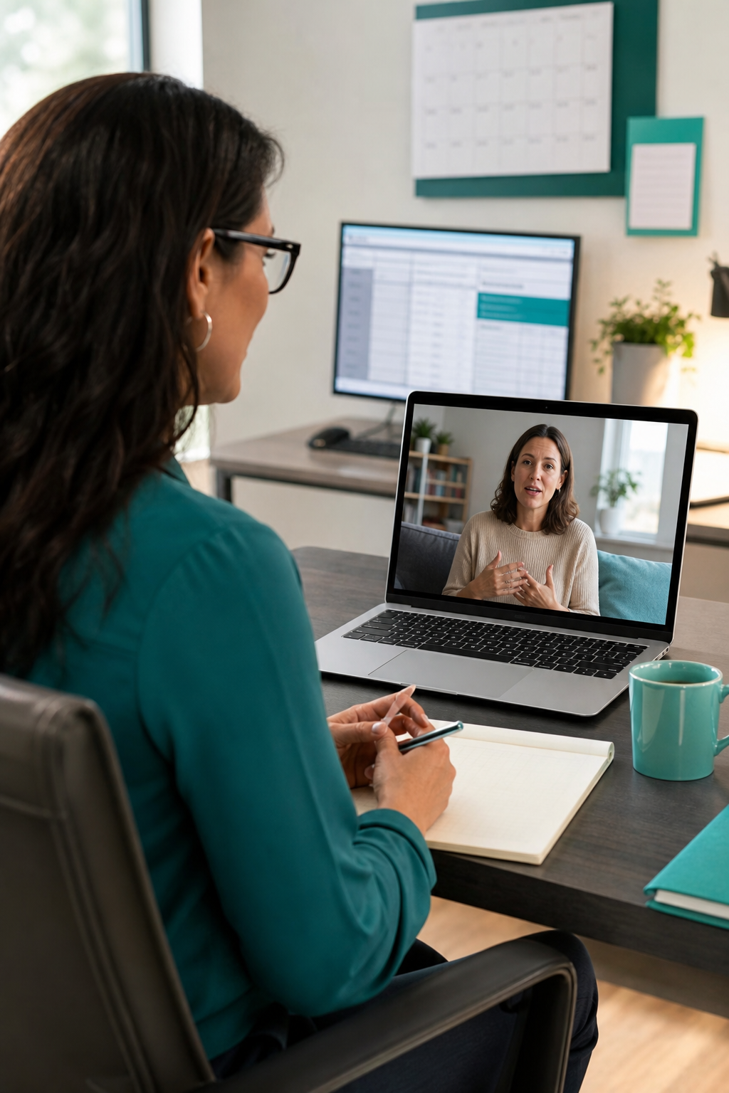 A therapist conducting a video session with a patient on a laptop, with a calendar and billing software visible in the background. Alt: telehealth billing for Anthem mental health providers.