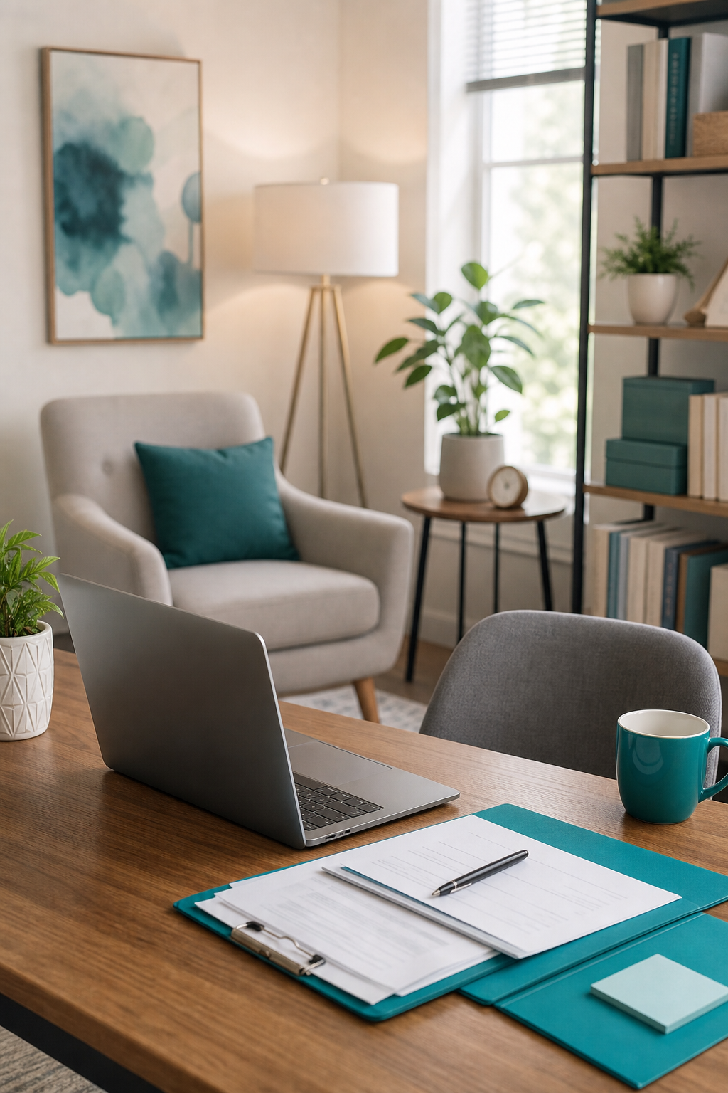 A calm scene of a therapist's office with a laptop and paperwork, symbolizing organized billing. A soft blue accent color. Alt: mental health billing service for Central Texas therapists