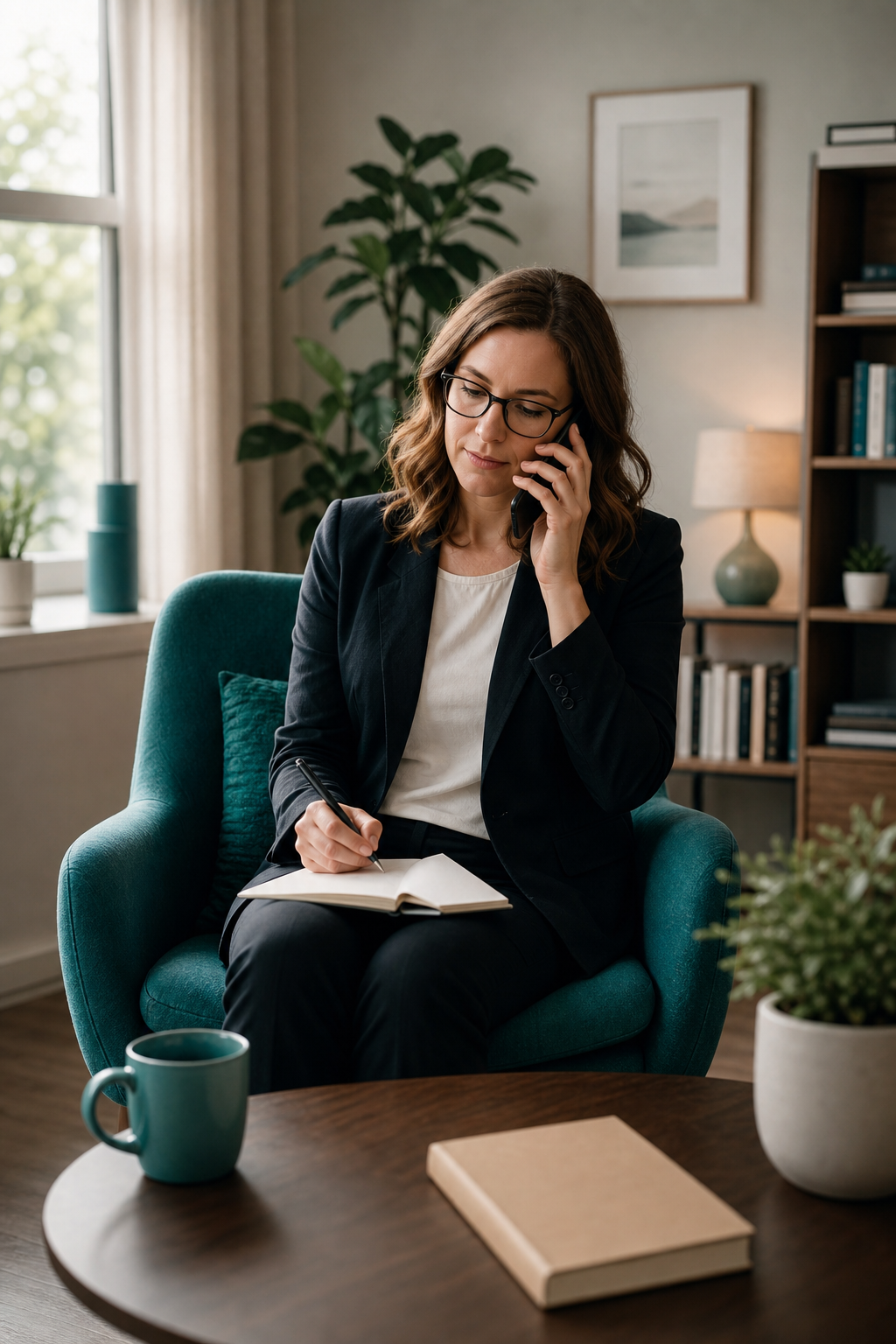 A calm office setting with a therapist on a phone call, natural light, trustful atmosphere. Alt: Mental health billing service for East Texas therapists