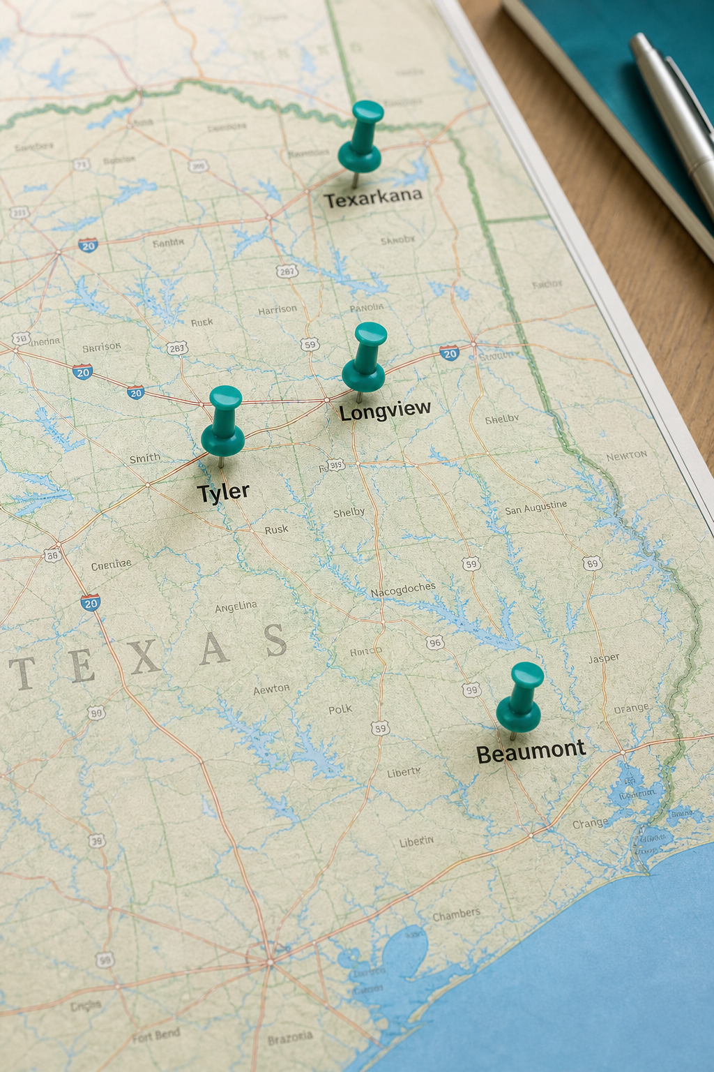A map of East Texas with pushpins showing Tyler, Longview, Beaumont, Texarkana. Alt: Local billing consultants serving East Texas cities