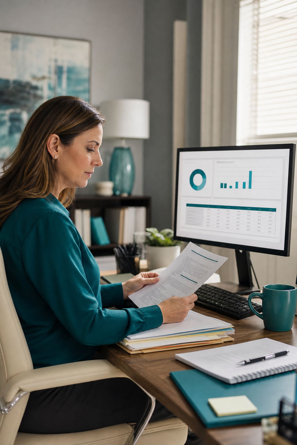 A calm, professional office setting with a therapist at a desk, papers and a computer showing a billing dashboard, soft natural light. Alt: Therapist reviewing insurance claims with MCM South billing dashboard.