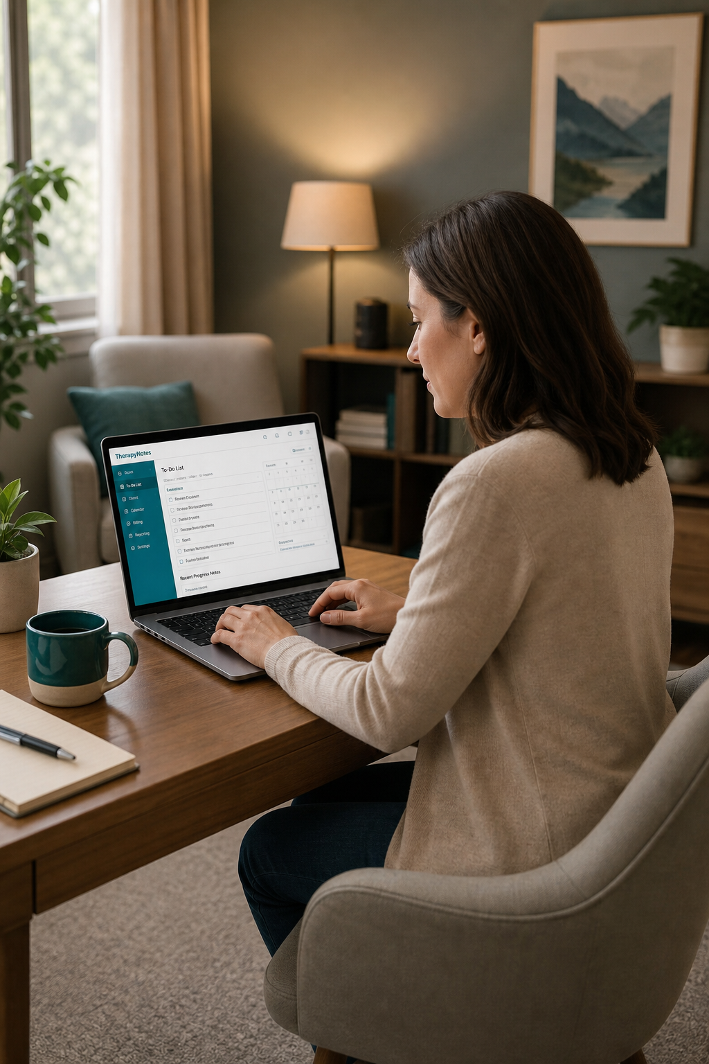 A therapist sitting in a cozy office, typing on a laptop while a TherapyNotes EHR screen is visible, warm lighting. Alt: Therapist using TherapyNotes billing and EHR software.