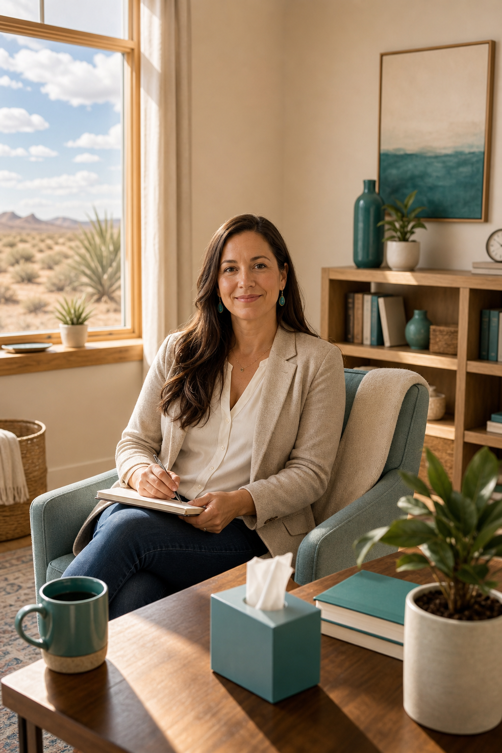 A calm, professional scene of a therapist in a sunlit home office in West Texas, with a warm neutral palette and a subtle teal accent (brand color #009093) in the decor. Alt: Mental health billing service West Texas , MCM South helps solo therapists focus on patient care.
