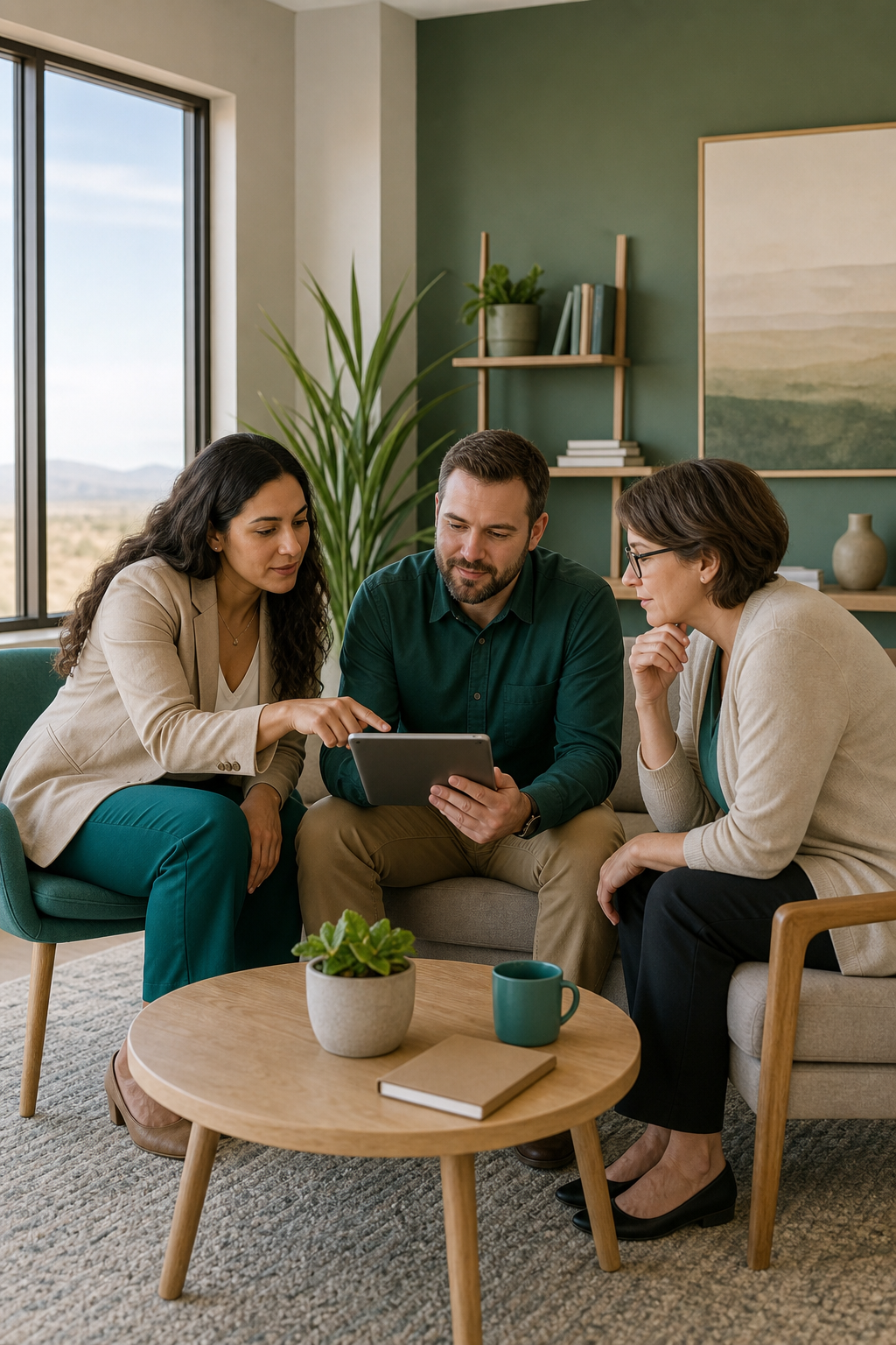 A group of three mental health professionals in a modern office in West Texas, reviewing a tablet together. The room has natural light and a calming green and beige palette. Alt: TherapyNotes billing , integrated EHR and billing for West Texas group practices.