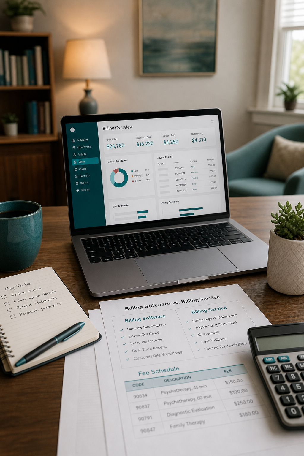 A photorealistic scene of a therapist's office desk with a laptop showing billing software dashboard, papers with fee schedules, and a calculator, symbolizing cost comparison. Alt: Cost comparison between mental health billing software and billing service