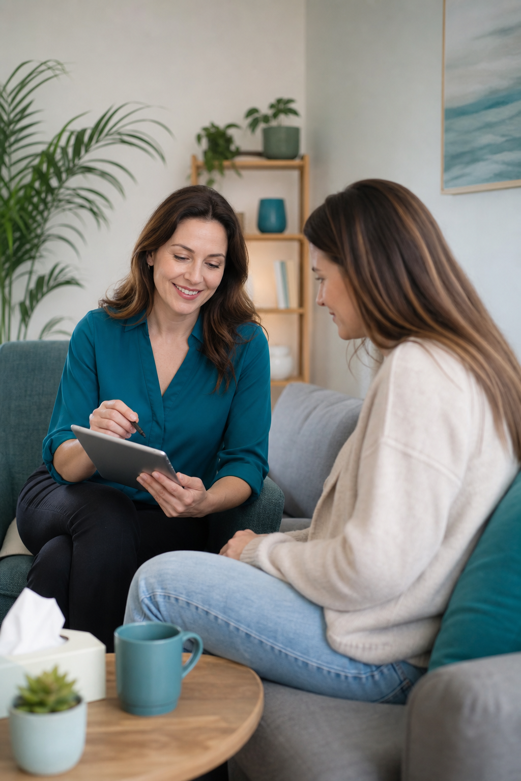 A calm, human-centered photo of a therapist smiling while reviewing a tablet with a patient, representing control and customization in billing choices. Alt: Therapist maintaining control over billing with a service provider