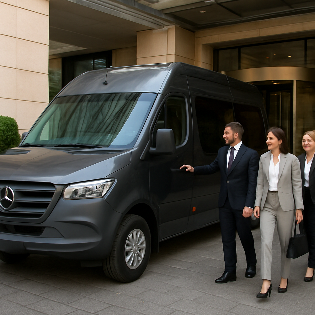 A sleek Mercedes Sprinter van parked at a Madrid hotel entrance, driver opening the door for a smiling business group. Alt: mercedes sprinter van rental with driver booking process illustration.