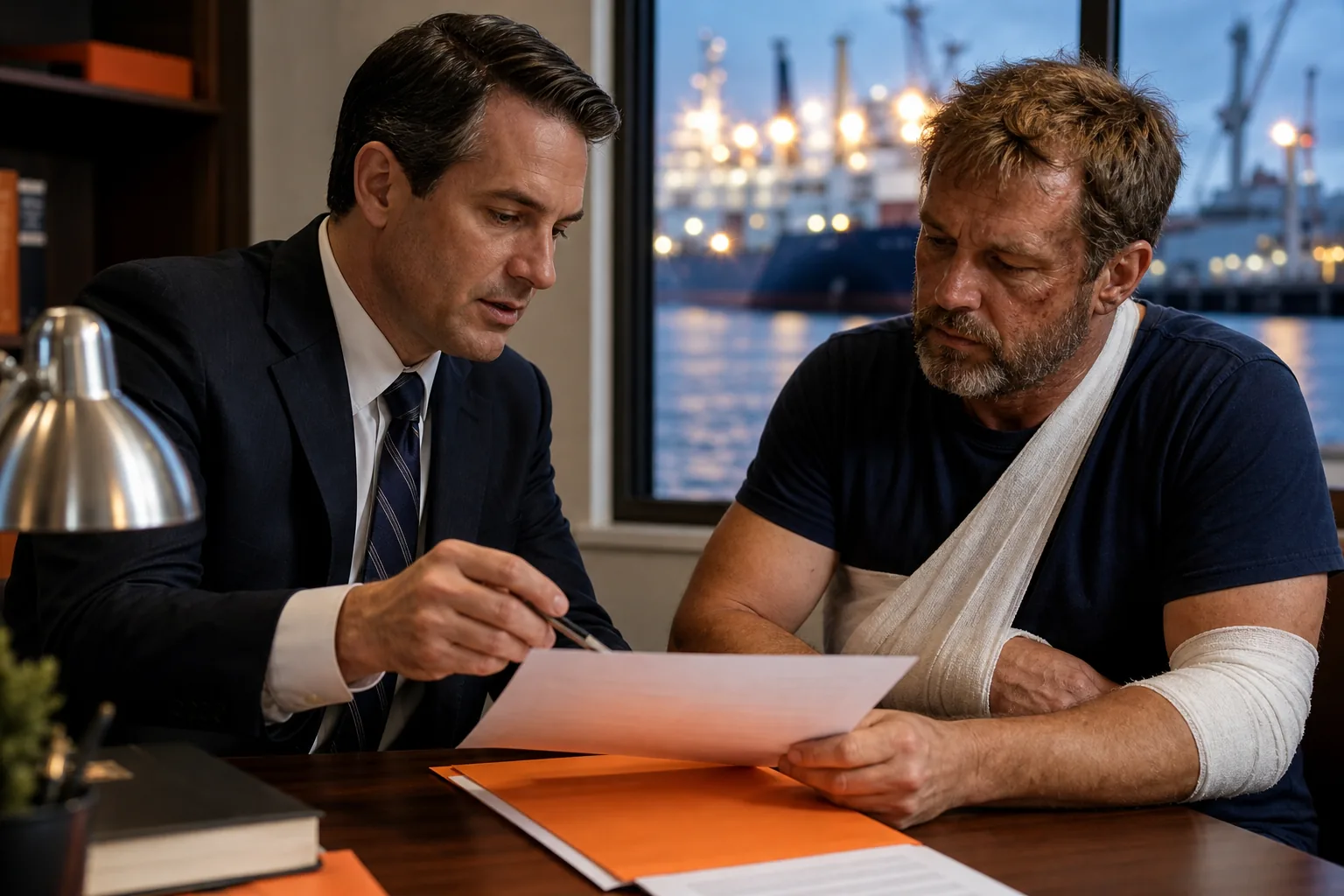 seaman reviewing a maritime injury lawyer representation agreement.