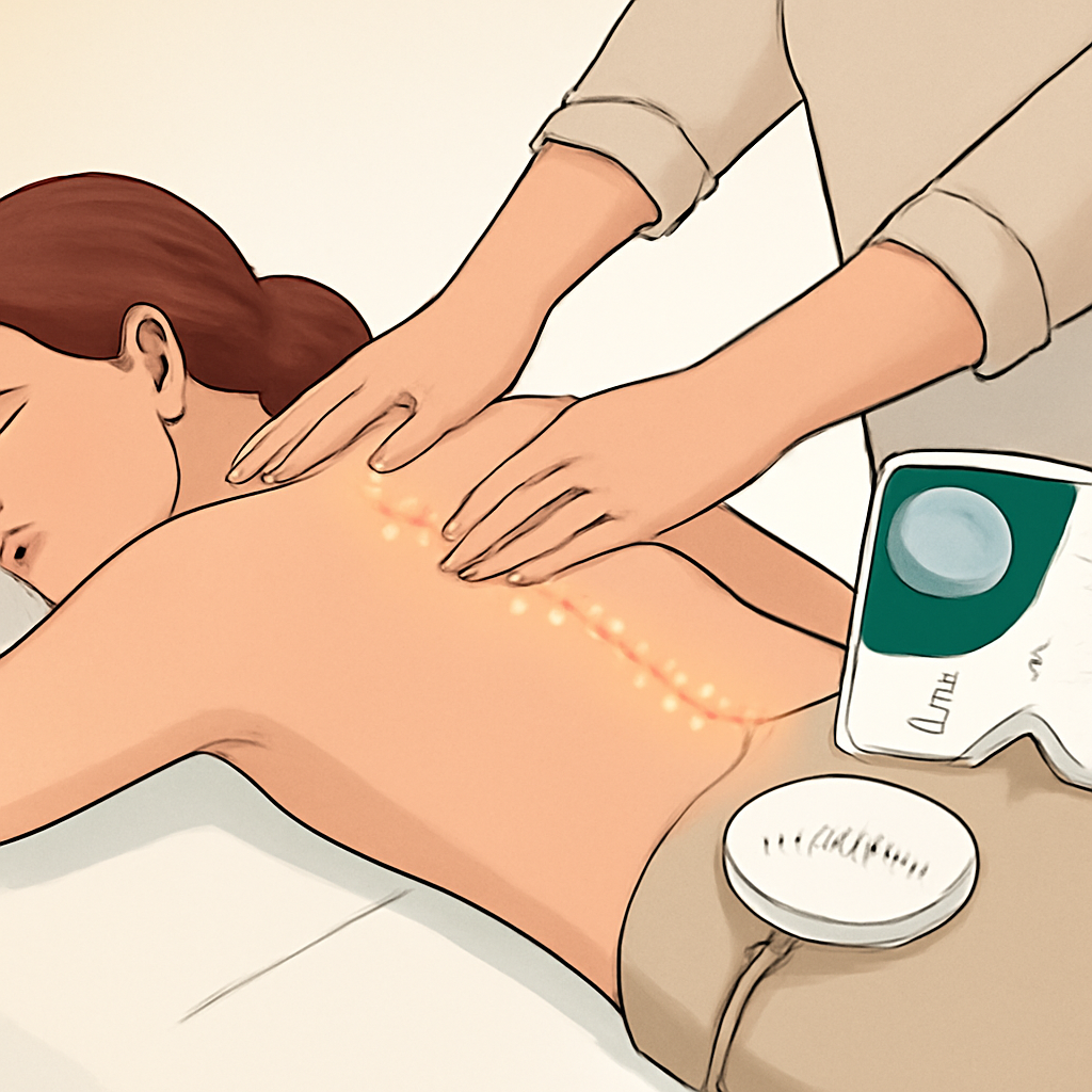A descriptive prompt for an AI image generator, related to the surrounding text. Alt: meridiaan massage op de rug met ontspanning en lichte energie.