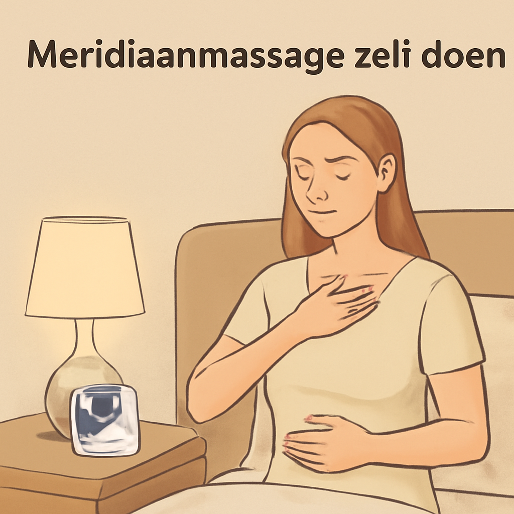 Een rustige slaapkamer met een zachte lamp, een Healy-apparaat op een tafel en een vrouw die zachtjes de meridianen massereert. Alt: Meridiaan massage zelf doen handleiding