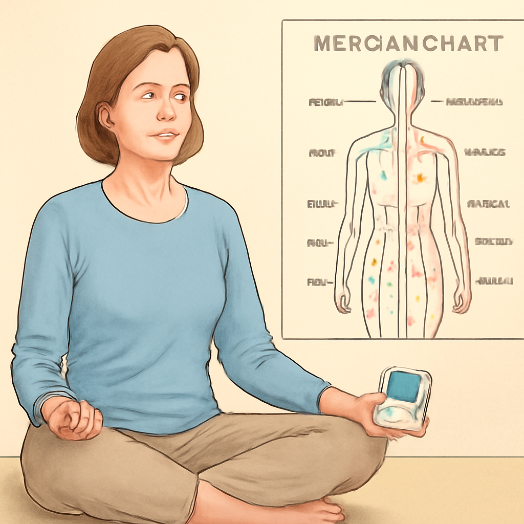 A woman in her mid-40s meditating beside a meridian chart, holding a Healy device. Alt: Woman meditating with meridian chart and Healy device.