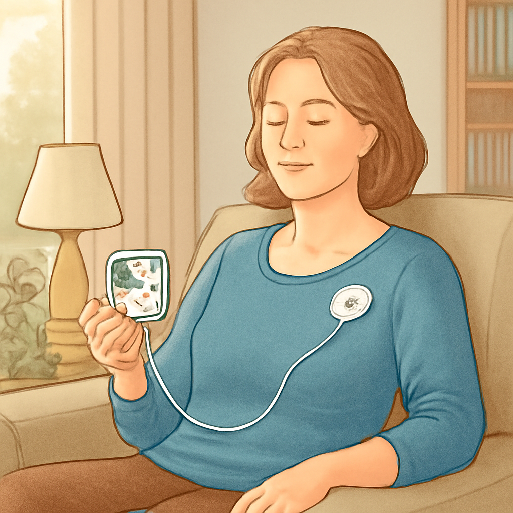 A woman in her mid-forties relaxing with a Healy device in a cozy living room, soft natural light illuminating the scene. Alt: Woman using frequency device for balance.