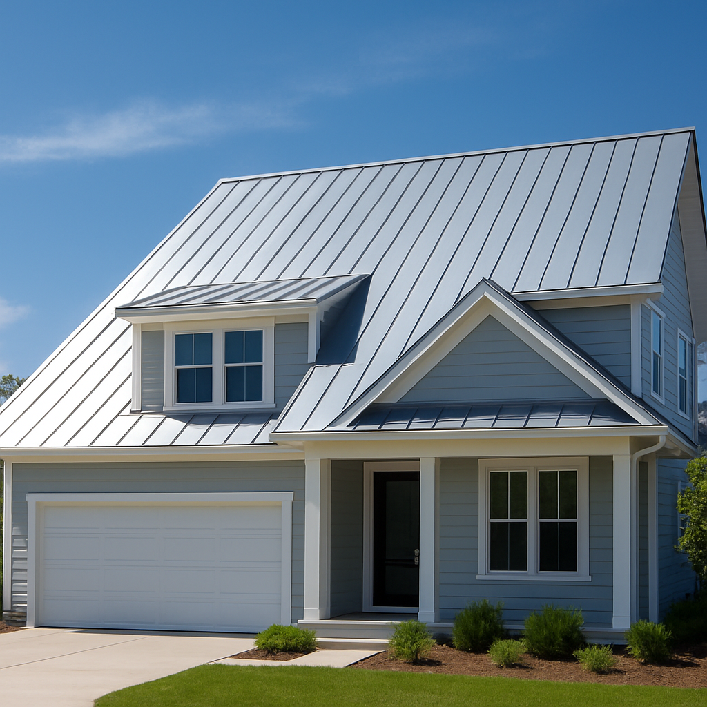 A modern Virginia Beach home with a sleek standing‑seam metal roof, showing the reflective coating under bright sunlight. Alt: metal roofing virginia beach home with standing seam panels