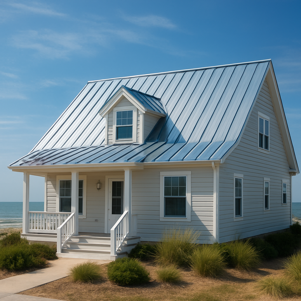 A sunny Virginia Beach home with a gleaming standing‑seam metal roof, showing salty sea breeze and reflective panels. Alt: metal roofing virginia beach coastal home with reflective standing‑seam panels