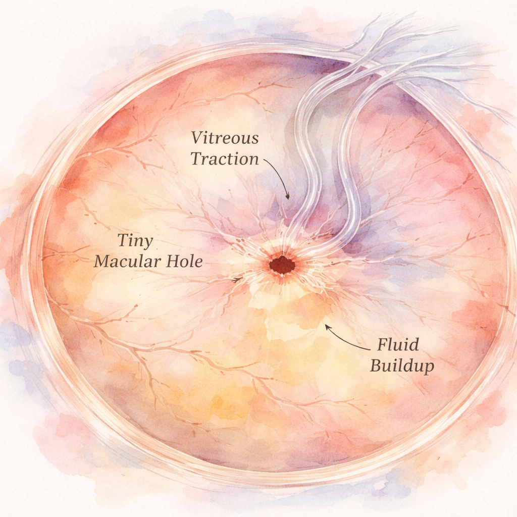 A watercolor painting of an eye’s macula area showing fluid buildup, a tiny macular hole, and vitreous traction lines, with soft pastel colors and gentle brushstrokes, evoking a calm clinical yet artistic feel. Alt: Detailed watercolor illustration of metamorphopsia causes in the macula.