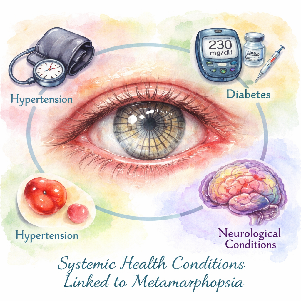 Watercolor illustration of a patient’s eye with overlay of systemic health icons like blood pressure cuff, glucose meter, and brain silhouette, showing how diabetes, hypertension, and neurological conditions can lead to metamorphopsia. Alt: Systemic health conditions linked to metamorphopsia.
