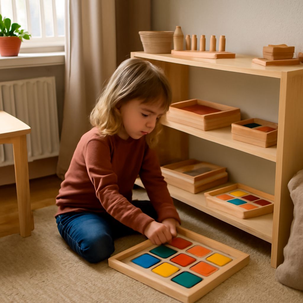 A child arranging colorful Montessori materials in a cozy corner. Alt: Child arranging Montessori materials in home environment.