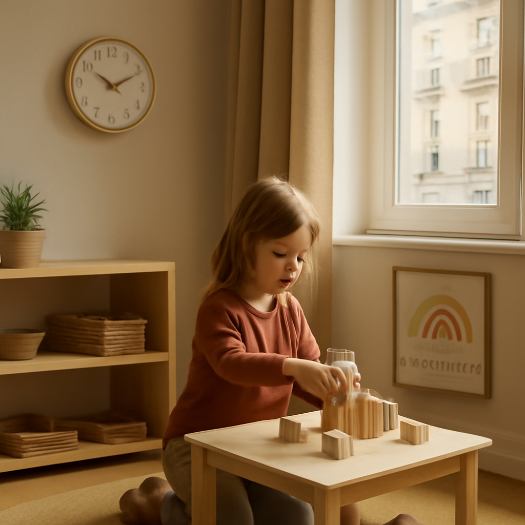 A child arranging wooden blocks in a sunlit Montessori corner, with a timer on the wall. Alt: child arranging wooden blocks in a Montessori learning corner.