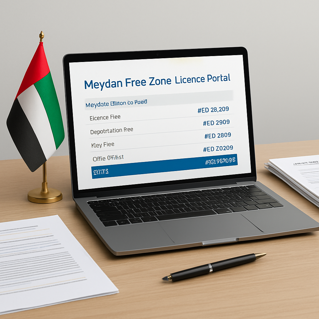 A clean desk with a laptop displaying the Meydan free zone licence portal, surrounded by UAE flag and paperwork. Alt: Meydan free zone licence cost 2024 breakdown illustration.