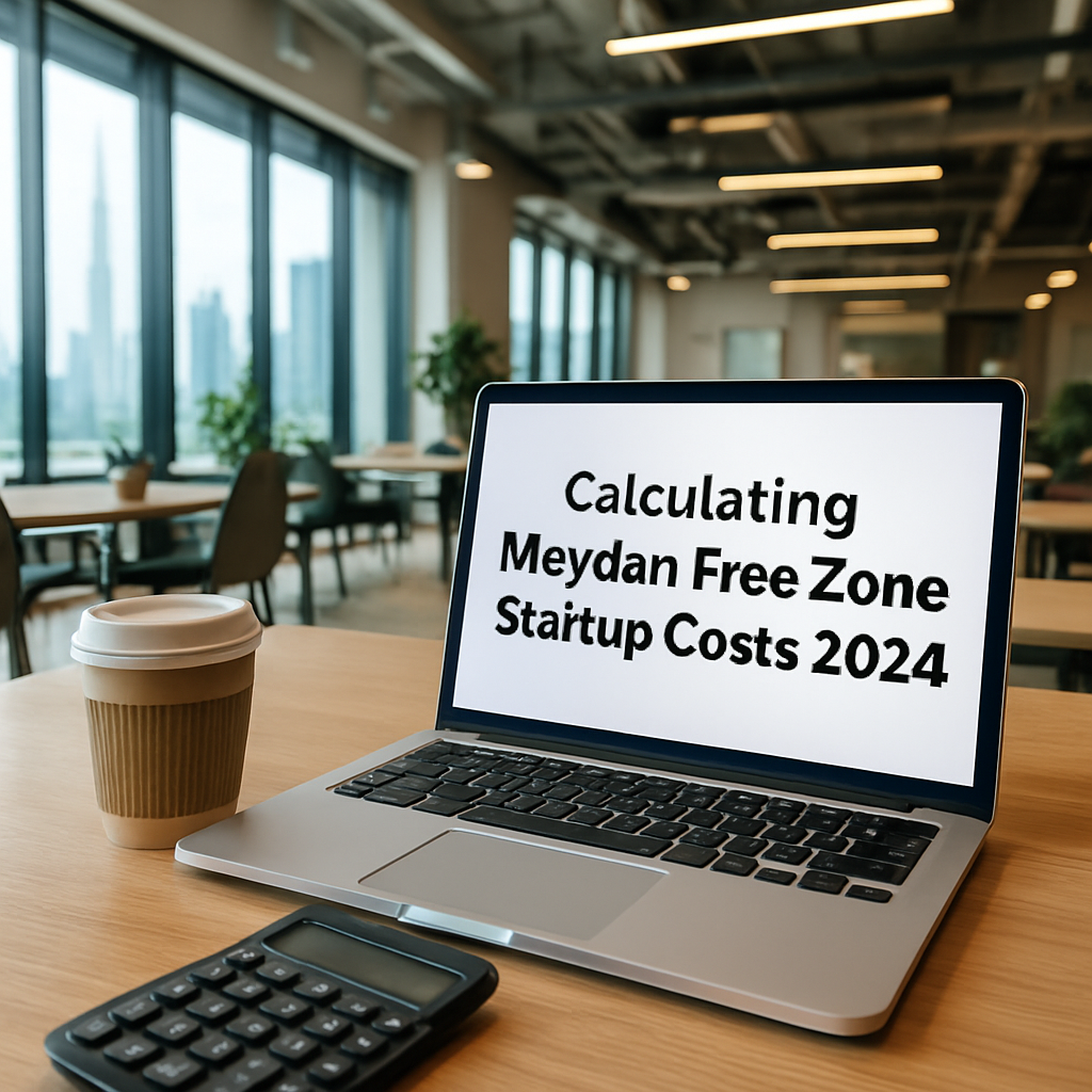 A modern coworking space in Dubai with a laptop, coffee cup, and a calculator on the table, symbolizing the process of calculating startup costs. Alt: Calculating Meydan free zone startup costs 2024