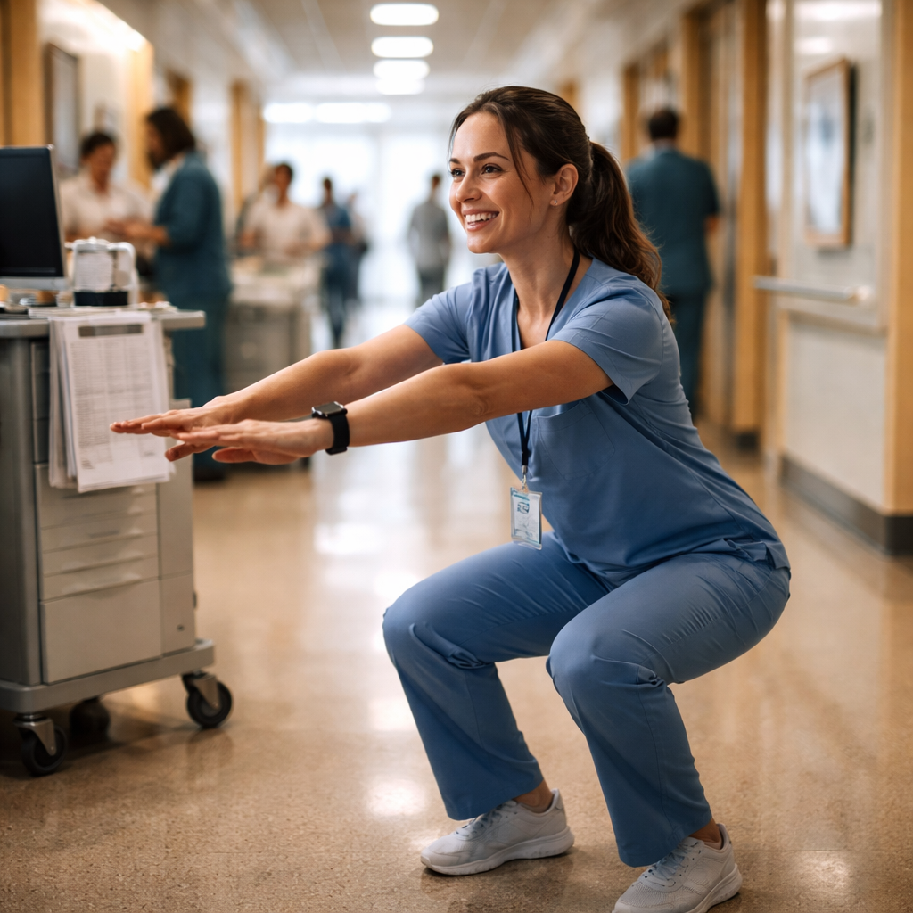 A cinematic, photorealistic scene of a busy hospital hallway where a nurse steps away from a patient chart, performs a quick chair squat, and smiles, with soft natural lighting highlighting the motion. Alt: Clinician doing a microbreak in a hospital corridor, emphasizing movement and wellbeing.