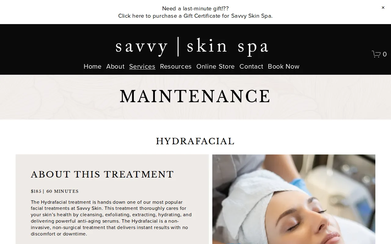 Screenshot of the Savvy Skin Spa website